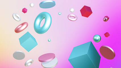 Abstract background floating geometric shapes in shiny colored background shapes 3d on purple background ,3d rendered illustration