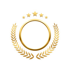 Gold round frame, stars and circular wreath from olive leaf, 3d golden anniversary medal