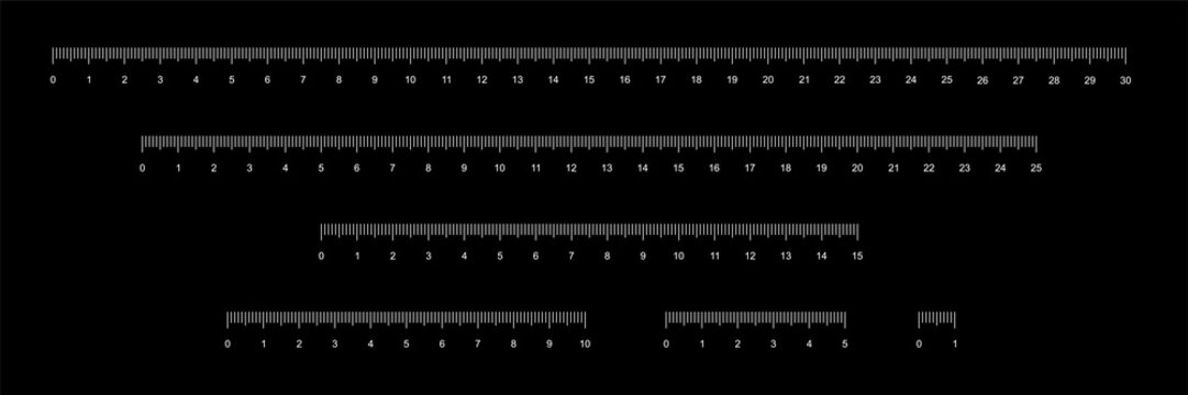 Set of rulers to measure length in centimeters vector illustration. Simple school instrument with centimetre and millimeter scales for measurement 30 25 15 10 5 1 cm, collection for math background.