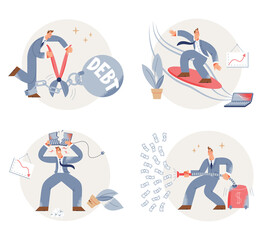 Success and business fail of businessman character set, man surfing, breaking computer