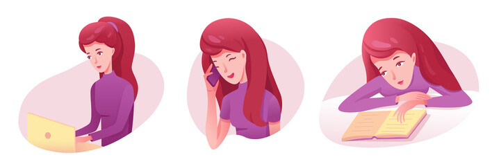 Young woman at work and study set, girl sitting with laptop, reading book, holding phone