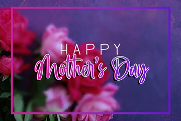 Holiday sale sign for mothers day with copy space by text on purple blurred background over pink rose flowers.