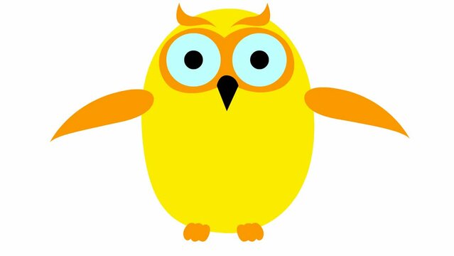 Animated funny yellow owl flies. Looped video. Vector illustration isolated on a white background.