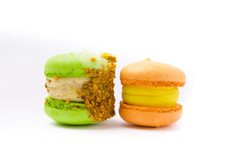 Fresh bright colored macaroons or macaroons isolated on white background.Berry macaroons.Sweet macaroon dessert.