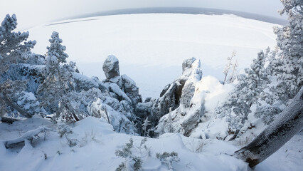 Lena Pillars in winter on the bank of the Lena River Yakutia, Russia