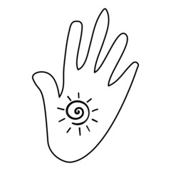 African hand. Open palm with pattern sun. Vector cartoon illustration page or book for kids and adults