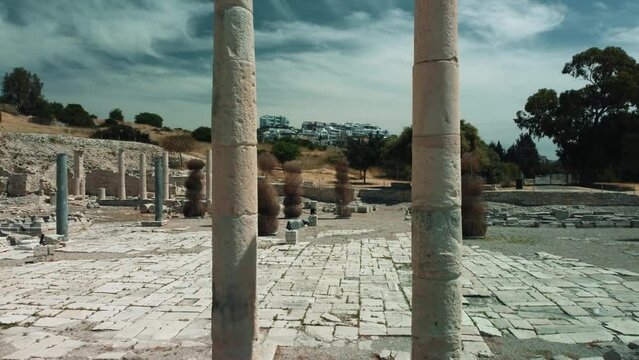 Historical place on the Mediterranean coast in the city of Limassol in Cyprus. Ruins of Amathus. Aerial view.