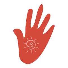 African hand. Open palm with pattern sun. Vector cartoon illustration in a naive flat style