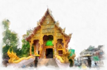 Architectural landscape of ancient temples in northern Thailand watercolor style illustration impressionist painting.