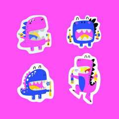 Cute cartoon illustration in a flat style. Four dinosaurs with toothpaste, dental floss, toothbrush, irrigator. Dino brush their teeth and have fun. Promotional stickers for brushing your teeth.
