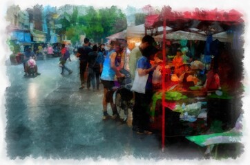 Landscape of commercial districts and markets of the city center in the provinces of Thailand watercolor style illustration impressionist painting.