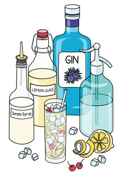 Doodle cartoon John Collins cocktail and ingredients composition. A bottle of gin, siphon of soda water, lemon juice, sugar syrup and lemon. For bar menu, stickers or alcohol cook book recipe.