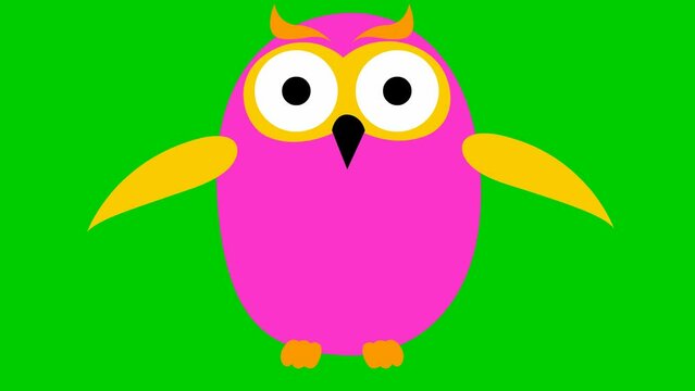 Animated funny pink owl flies. Looped video. Vector illustration isolated on a green background.
