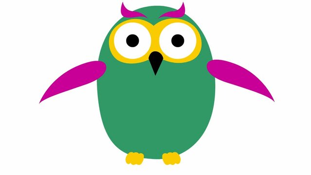 Animated funny green owl flies. Looped video. Vector illustration isolated on a white background.
