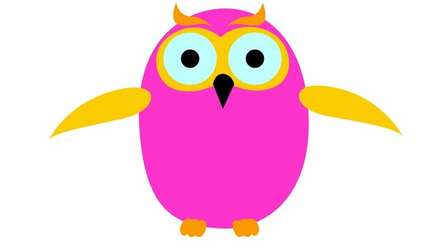 Animated funny pink owl flies. Looped video. Vector illustration isolated on a white background.