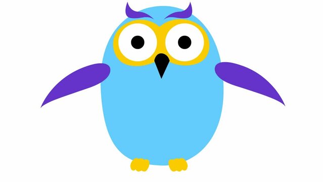 Animated funny blue owl flies. Looped video. Vector illustration isolated on a white background.