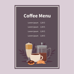 Coffee menu. Coffee pot, mug, croissant, chocolate donut. Vector illustration