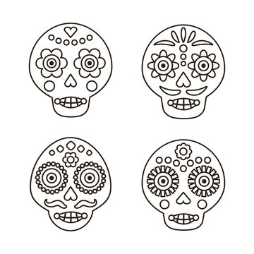 Line skull vector set. Day of the dead elements. Dia de los muertos holiday decoration.