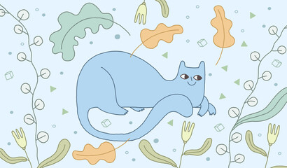 Blue smiling cat on a simple background with leaves and flowers – vector