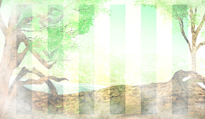 神秘的な霧の森の芽生え格子模様和紙テクスチャ背景イラスト