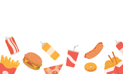 Modern Fast food frame for menu design.Fries,burger,soda,beverage,
hotdog, noodles, donut,ketchup, pizza and mustard.Colored vector flat illustration.