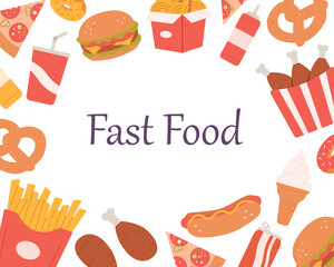 Fast food template frame and page design for menu design. Modern colored flat vector illustration with snacks, hamburger, fries, hot dog, pizza, coffee, sandwich, ice cream,beverage,nuggets,donuts. 