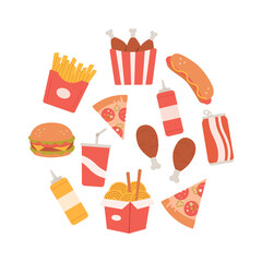 Fast food meal icon set. burger,beverage,pizza,french fries, fried crispy chicken leg, hotdog, soda, mustard, ketchup on isolated. Colored flat vector illustration.