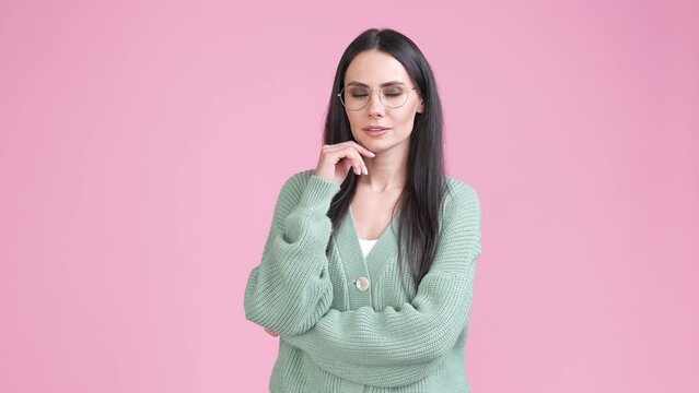 Minded lady thinking thoughts isolated pastel color background