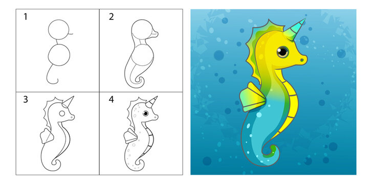 Unicorn is a seahorse. Step-by-step tutorial on how to draw a cute fairy-tale character yourself. Line art, coloring sheets.
