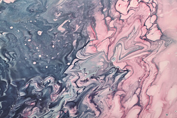 Fluid Art. Grey and pink abstract wave swirls. Marble effect background or texture