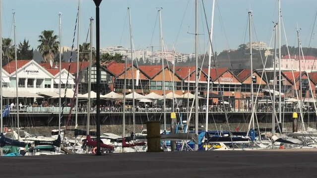 Doca de Santo Amaro seen from the foot of Ponte 25 de Abril in Lisbon, Portugal