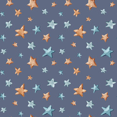 Watercolor hand painted star seamless pattern on dark blue background. Whale, fish, wave collection. Perfect for textile design, fabric, wrapping paper, scrapbooking	
