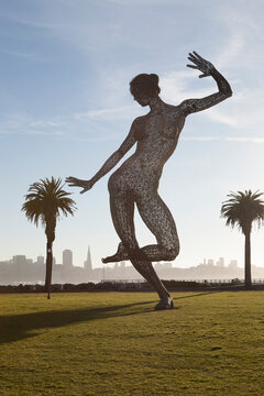 SAN FRANCISCO ,Feb 2014.  Bliss Dance is a 40-foot steel sculpture of a woman by Marco Cochrane on Treasure Island,San Francisco California.
