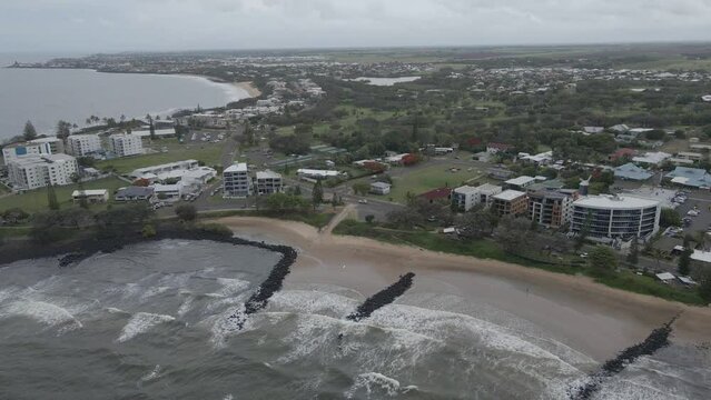 Aerial View Of Bargara Beach On A Cloudy Day In Bundaberg, Queensland, Australia - drone shot