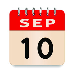 10 day of the month. September. Flip old formal calendar. 3d daily icon. Date. Week Sunday, Monday, Tuesday, Wednesday, Thursday, Friday, Saturday. Cut paper. White background. Vector illustration.