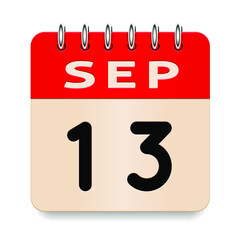 13 day of the month. September. Flip old formal calendar. 3d daily icon. Date. Week Sunday, Monday, Tuesday, Wednesday, Thursday, Friday, Saturday. Cut paper. White background. Vector illustration.