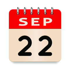 22 day of the month. September. Flip old formal calendar. 3d daily icon. Date. Week Sunday, Monday, Tuesday, Wednesday, Thursday, Friday, Saturday. Cut paper. White background. Vector illustration.