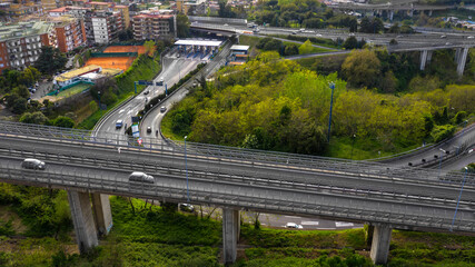 Aerial view of the ring road of Naples, Italy, near the Vomero exit. Many cars travel on the...