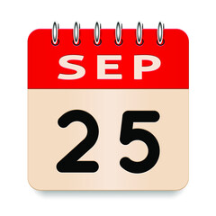 25 day of the month. September. Flip old formal calendar. 3d daily icon. Date. Week Sunday, Monday, Tuesday, Wednesday, Thursday, Friday, Saturday. Cut paper. White background. Vector illustration.