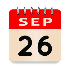 26 day of the month. September. Flip old formal calendar. 3d daily icon. Date. Week Sunday, Monday, Tuesday, Wednesday, Thursday, Friday, Saturday. Cut paper. White background. Vector illustration.