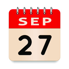27 day of the month. September. Flip old formal calendar. 3d daily icon. Date. Week Sunday, Monday, Tuesday, Wednesday, Thursday, Friday, Saturday. Cut paper. White background. Vector illustration.