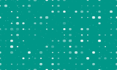 Seamless background pattern of evenly spaced white hockey pucks of different sizes and opacity. Vector illustration on teal background with stars