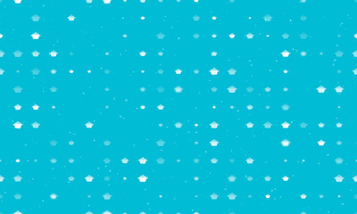 Seamless background pattern of evenly spaced white pot symbols of different sizes and opacity. Vector illustration on cyan background with stars