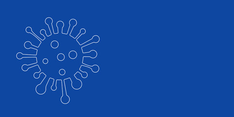 A large white outline coronavirus symbol on the left. Designed as thin white lines. Vector illustration on blue background