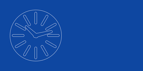 A large white outline clock symbol on the left. Designed as thin white lines. Vector illustration on blue background