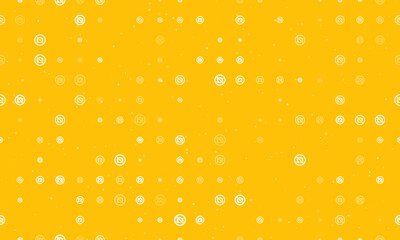 Seamless background pattern of evenly spaced white no photo symbols of different sizes and opacity. Vector illustration on amber background with stars