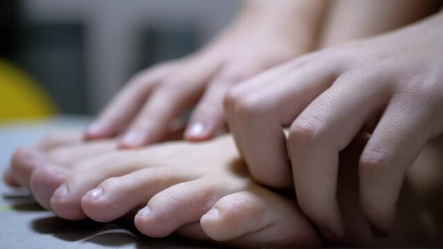 Child Hands Massage Skin the Toe, and Little Fingers. Close-up. Self-massage. Pressing on acupuncture points feet with fingers. Reflex, relaxing massage. Effective treatment, help with tired legs. 4K.