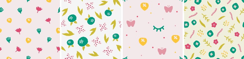 Set of vector seamless patterns. Floral and abstract shapes