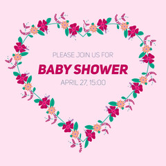 Tender invitation to baby shower with floral heart on a pink background