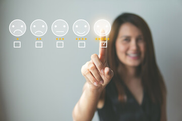 Concept of customer review or feedback  people pressing smile face icon and 5 Star icon  Customer...